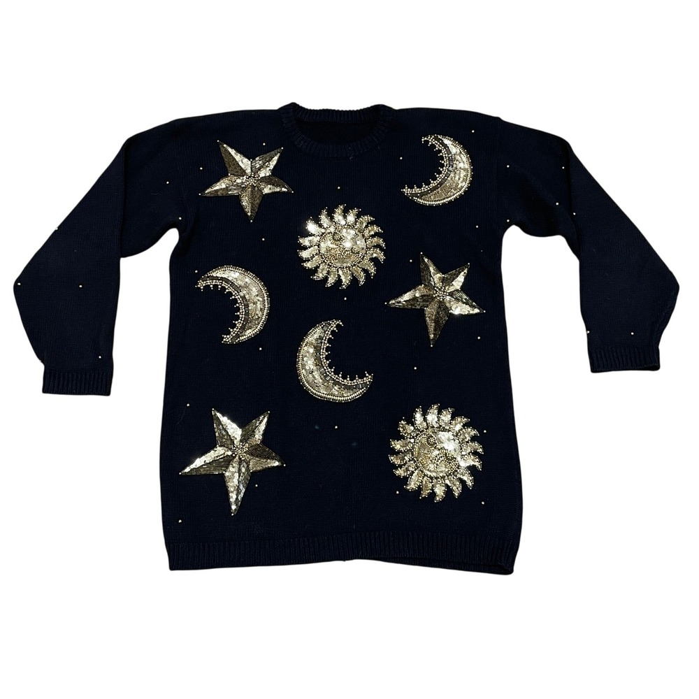 MARISA CHRISTINA Black Sweater Halloween Gold Celestial Beaded Sequin Knit Small